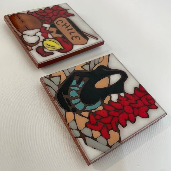 Set of 2 Mag Mor 4x4 Handpainted Vintage Chili Art Tiles Santa Fe NM Made in USA - Picture 2 of 9